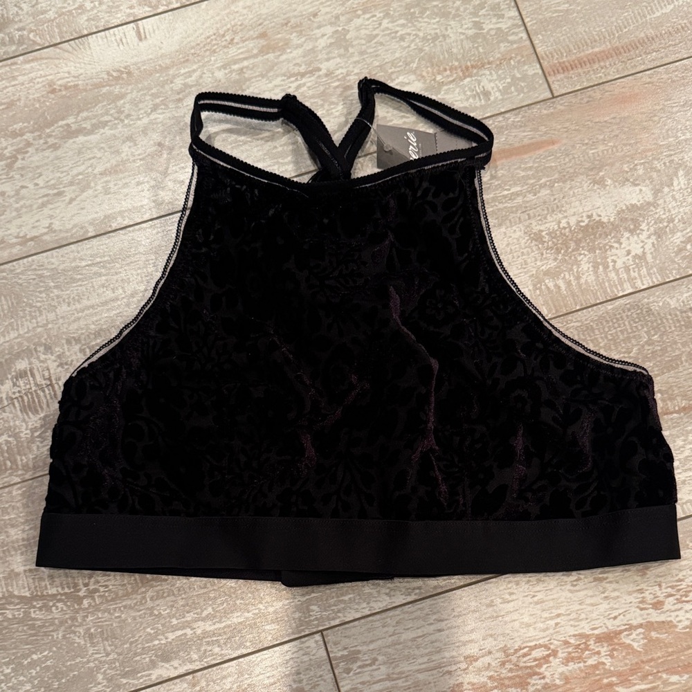 NEW Aerie High Neck Bralette Blue Velour‎ Velvet Pattern Adjustable Straps